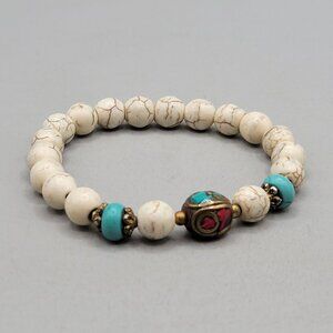 Tibetan Mala Stretch Bracelet Turquoise Coral Howlite Stones Brass Accents